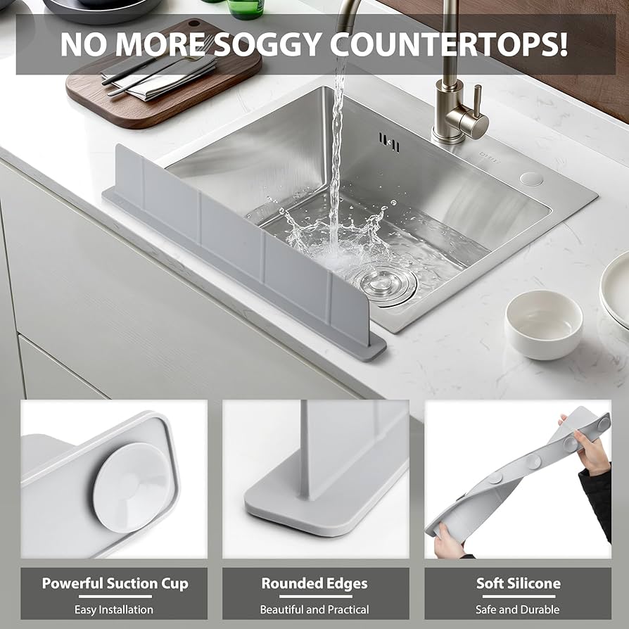 Silicone Sink Splash Guard with Suction Cup – Reusable Waterproof Kitchen Countertop Protector