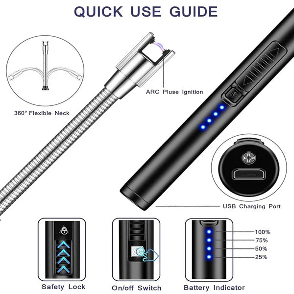 Electric USB Rechargeable Lighter | 360° Flexible Long Neck | Flameless Arc with LED Indicator